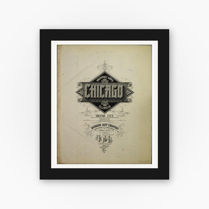 Old map wall art mockup — black gallery frame with white mat — Sanborn Fire Insurance Map from Chicago, Cook County, Illinois (1914), Sheet #0001