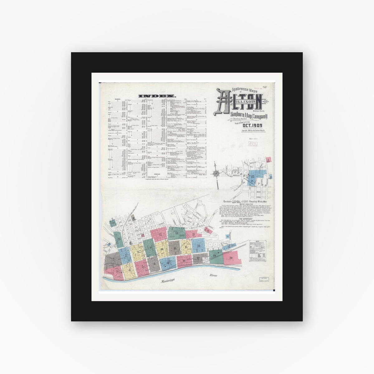 Old map wall art mockup — black gallery frame with white mat — Sanborn Fire Insurance Map from Alton, Madison County, Illinois (1909), Sheet #0001