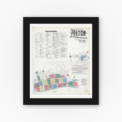 Old map wall art mockup — black gallery frame with white mat — Sanborn Fire Insurance Map from Alton, Madison County, Illinois (1909), Sheet #0001