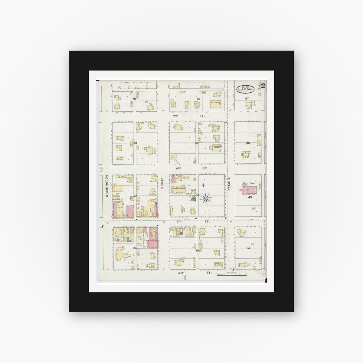 Old map wall art mockup — black gallery frame with white mat — Sanborn Fire Insurance Map from Lacon, Marshall County, Illinois (1893), Sheet #0002