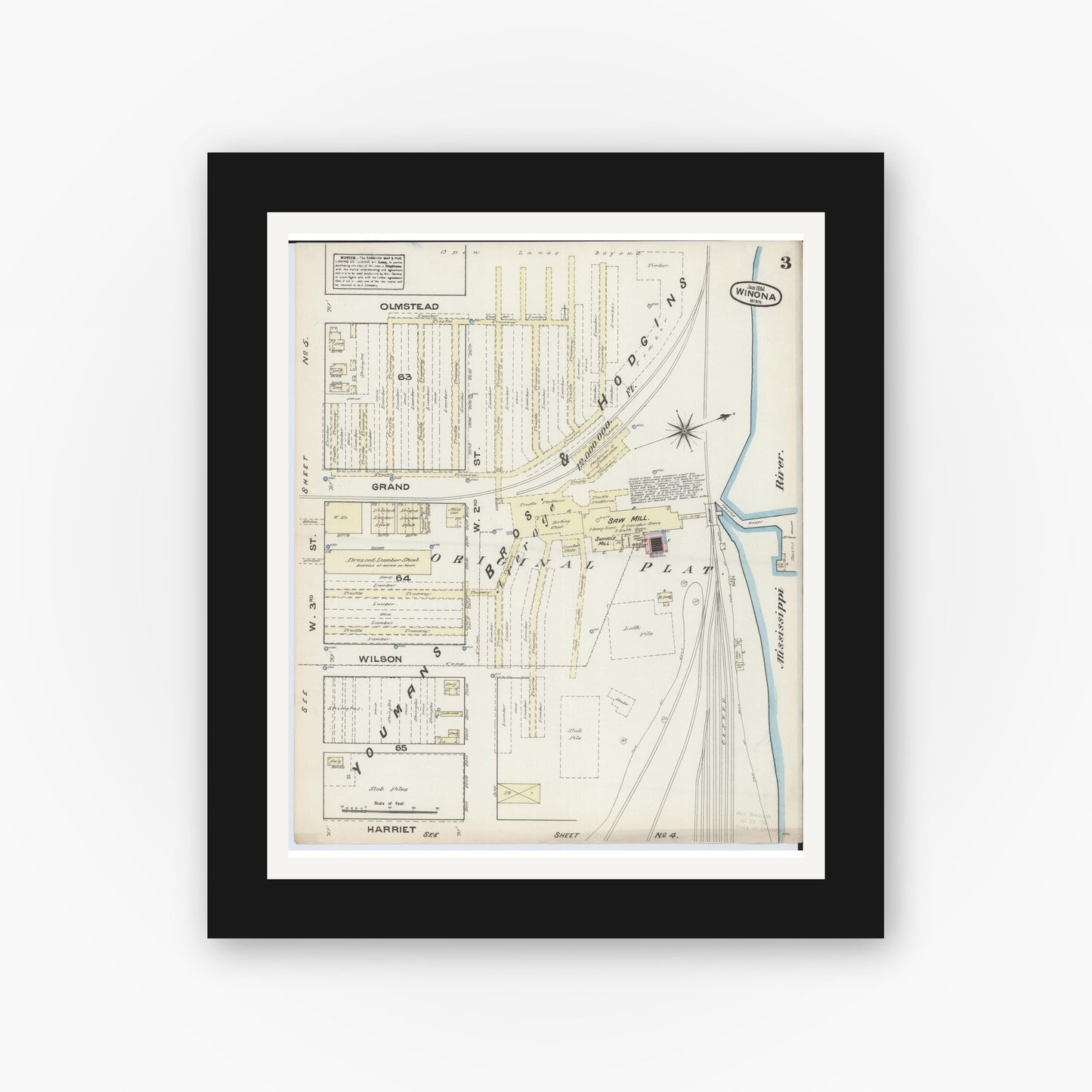 Old map wall art mockup — black gallery frame with white mat — Sanborn Fire Insurance Map from Winona, Winona County, Minnesota (1884), Sheet #0003