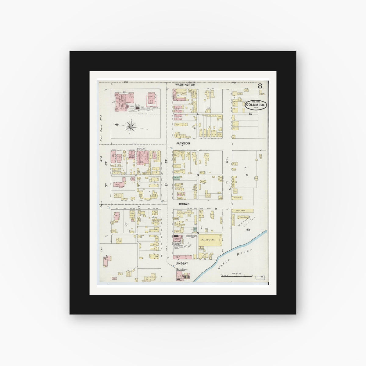 Old map wall art mockup — black gallery frame with white mat — Sanborn Fire Insurance Map from Columbus, Bartholomew County, Indiana (1890), Sheet #0008