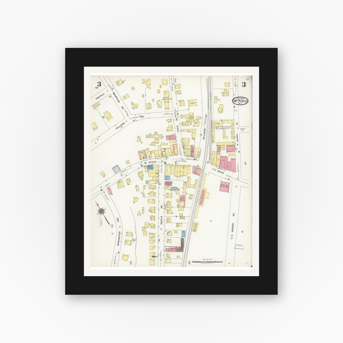 Old map wall art mockup — black gallery frame with white mat — Sanborn Fire Insurance Map from Mount Kisco, Westchester County, New York (1925), Sheet #0003