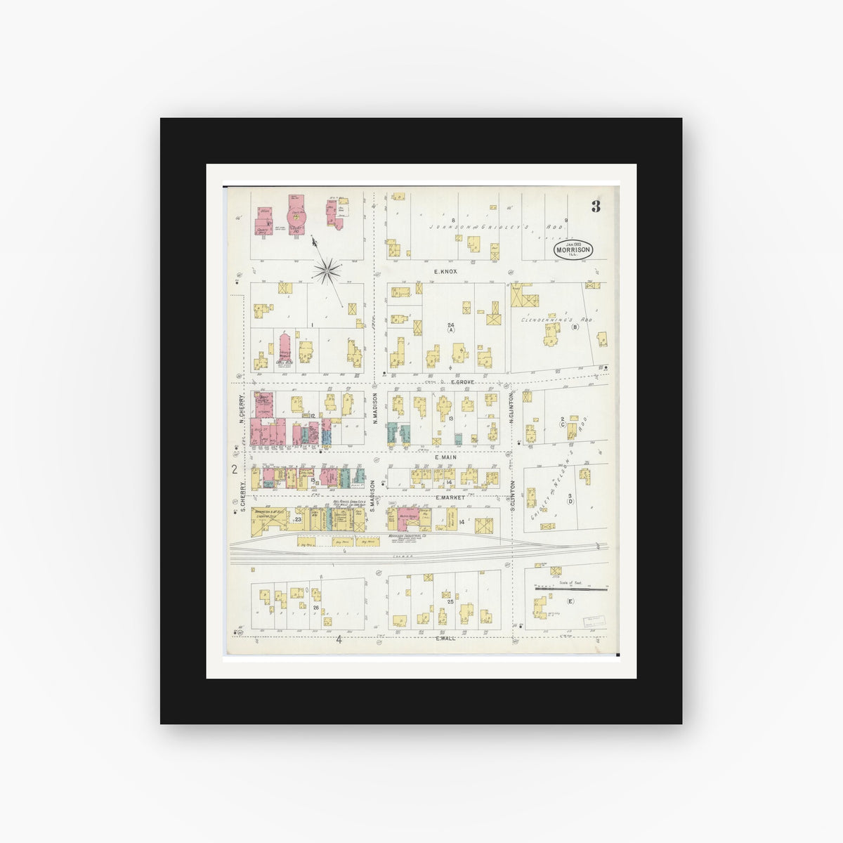 Old map wall art mockup — black gallery frame with white mat — Sanborn Fire Insurance Map from Morrison, Whiteside County, Illinois (1903), Sheet #0003