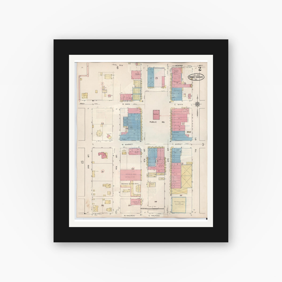 Old map wall art mockup — black gallery frame with white mat — Sanborn Fire Insurance Map from Honey Grove, Fannin County, Texas (1943), Sheet #0002