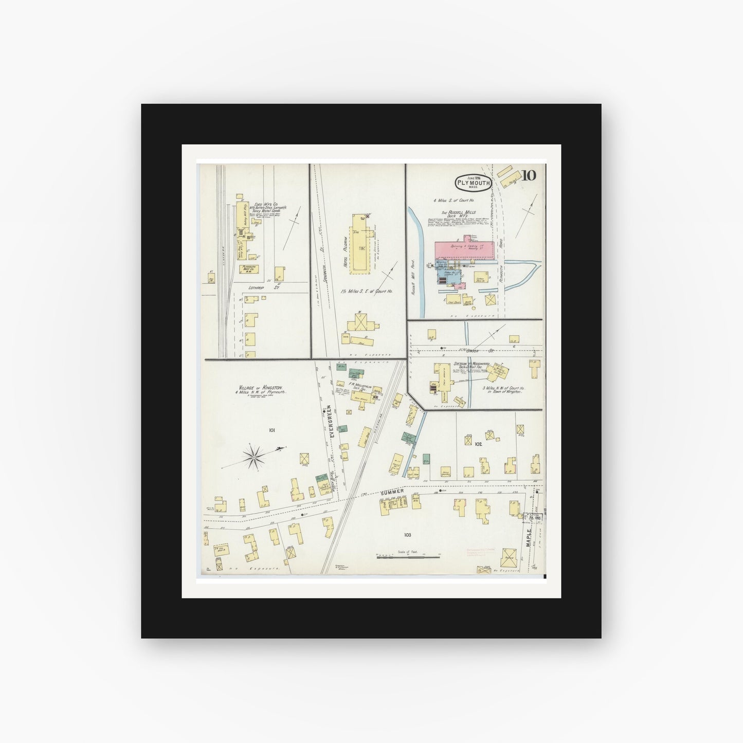 Old map wall art mockup — black gallery frame with white mat — Sanborn Fire Insurance Map from Plymouth, Plymouth County, Massachusetts (1896), Sheet #0010