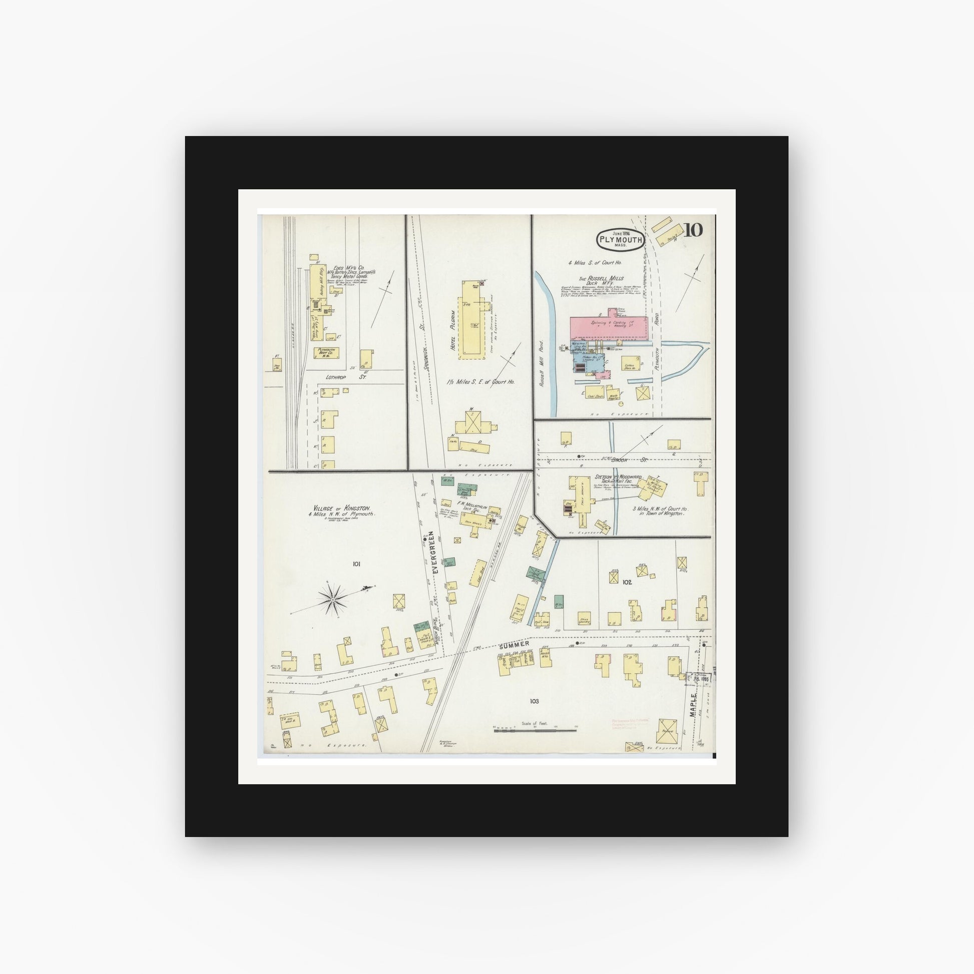 Old map wall art mockup — black gallery frame with white mat — Sanborn Fire Insurance Map from Plymouth, Plymouth County, Massachusetts (1896), Sheet #0010