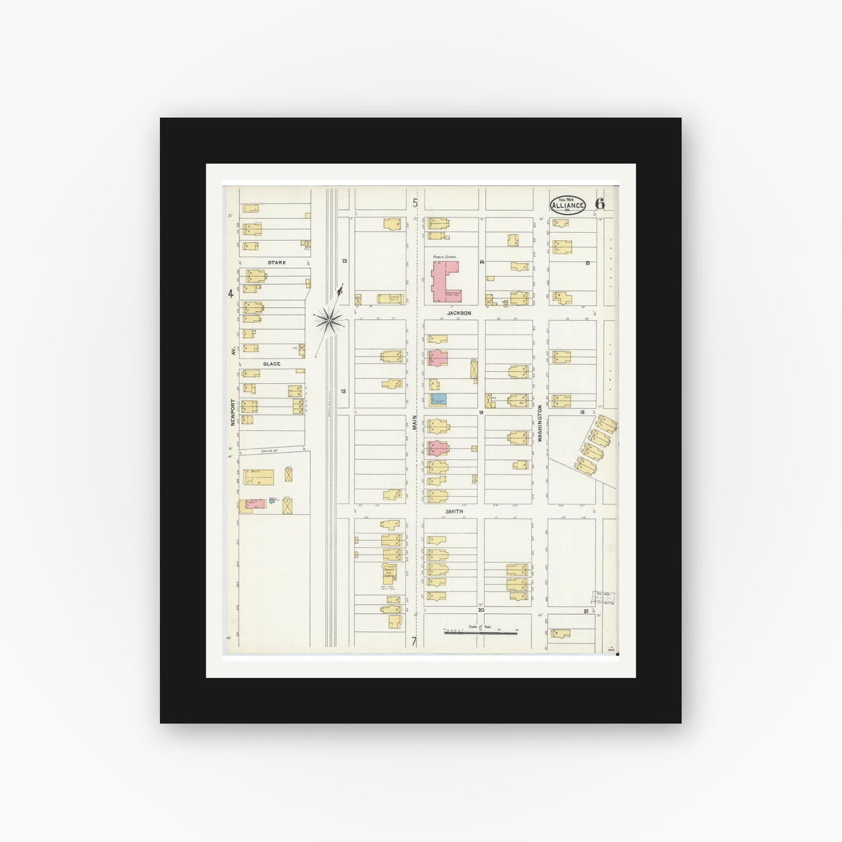 Old map wall art mockup — black gallery frame with white mat — Sanborn Fire Insurance Map from Alliance, Northampton County, Pennsylvania (1904), Sheet #0006