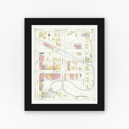 Old map wall art mockup — black gallery frame with white mat — Sanborn Fire Insurance Map from Fergus Falls, Otter Tail County, Minnesota (1909), Sheet #0007