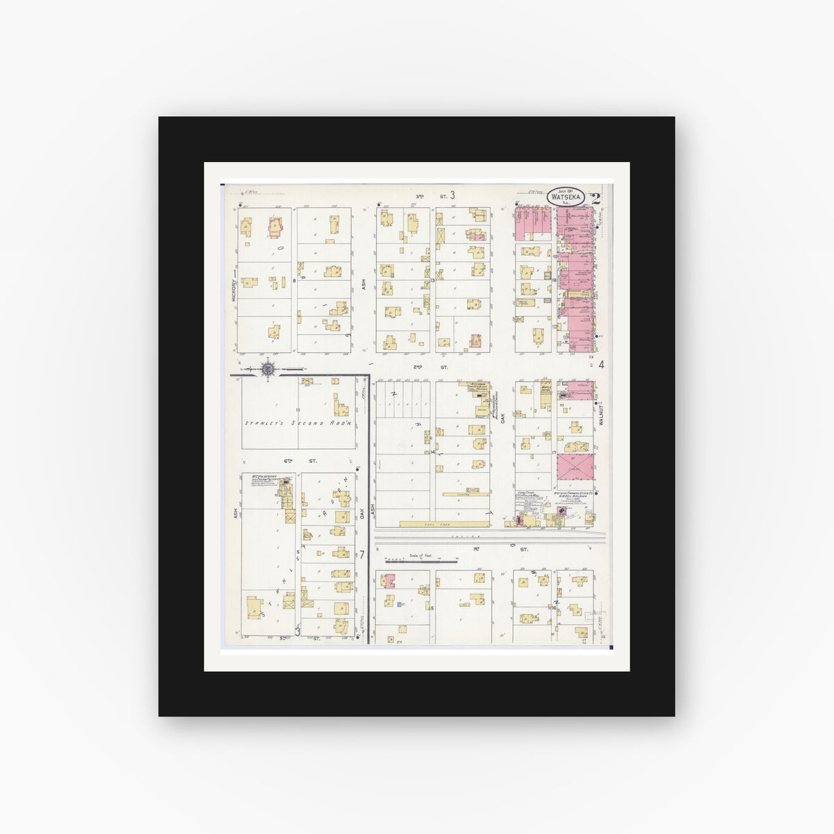 Old map wall art mockup — black gallery frame with white mat — Sanborn Fire Insurance Map from Watseka, Iroquois County, Illinois (1911), Sheet #0002