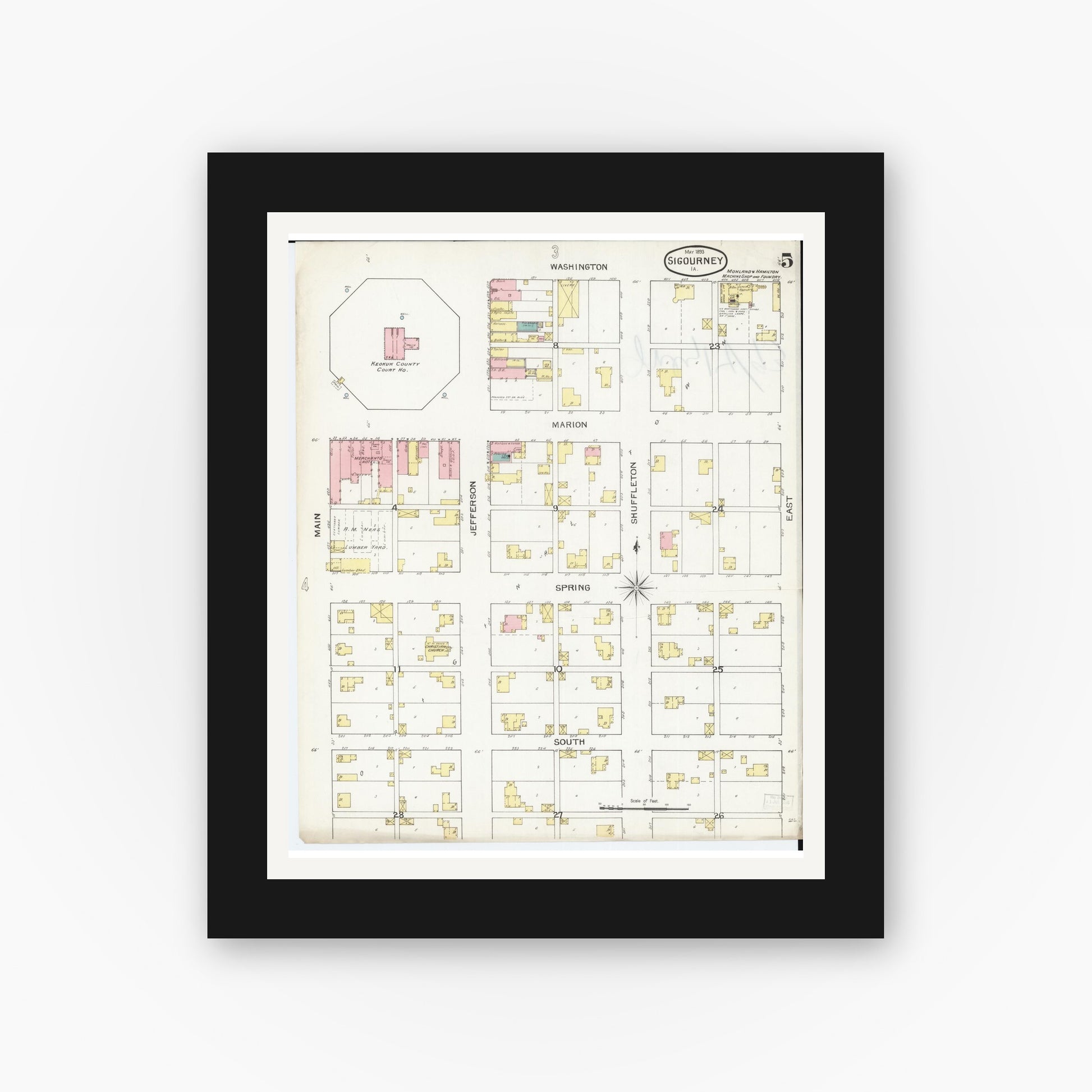 Old map wall art mockup — black gallery frame with white mat — Sanborn Fire Insurance Map from Sigourney, Kiokuk County, Iowa (1893), Sheet #0005