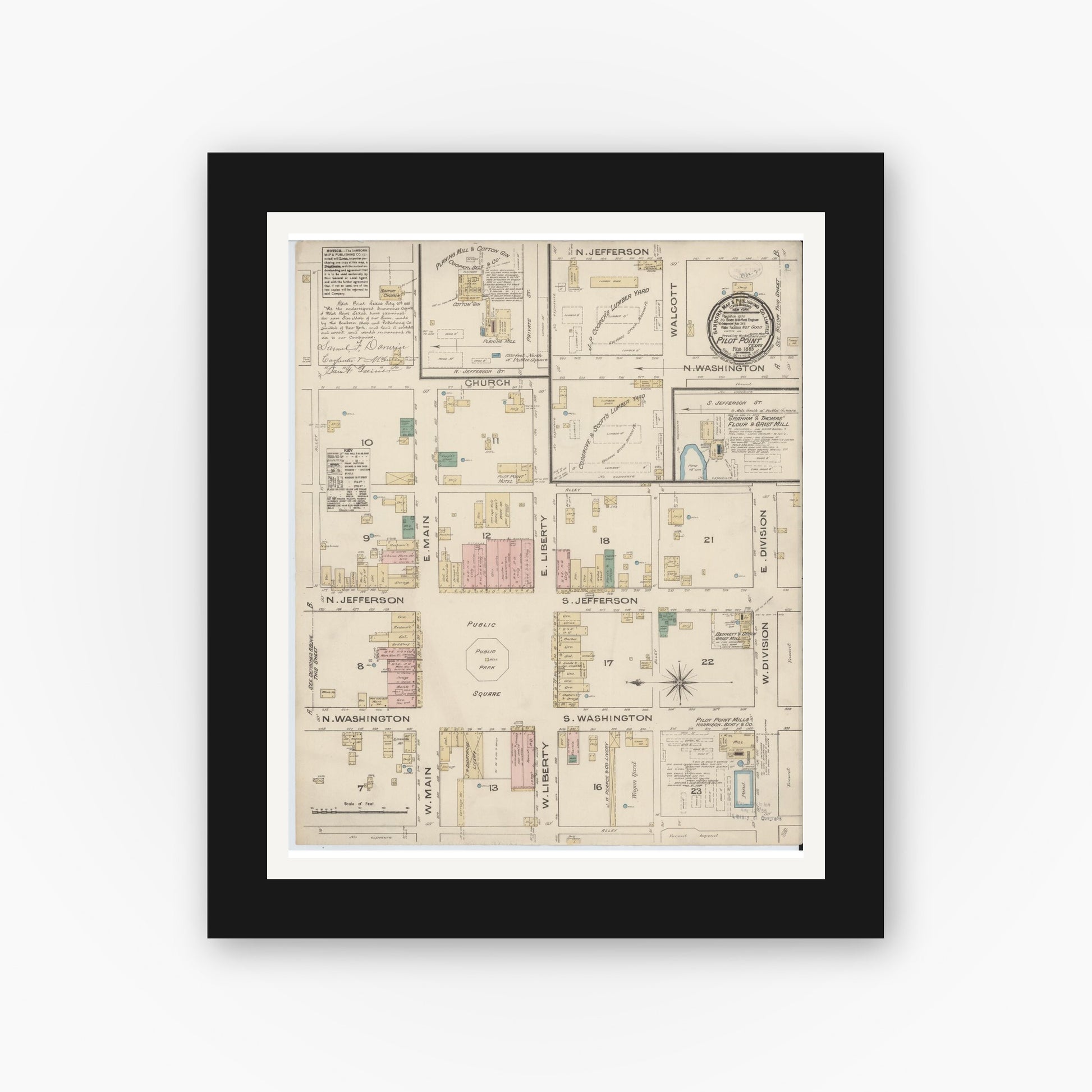 Old map wall art mockup — black gallery frame with white mat — Sanborn Fire Insurance Map from Pilot Point, Denton County, Texas (1885), Sheet #0001