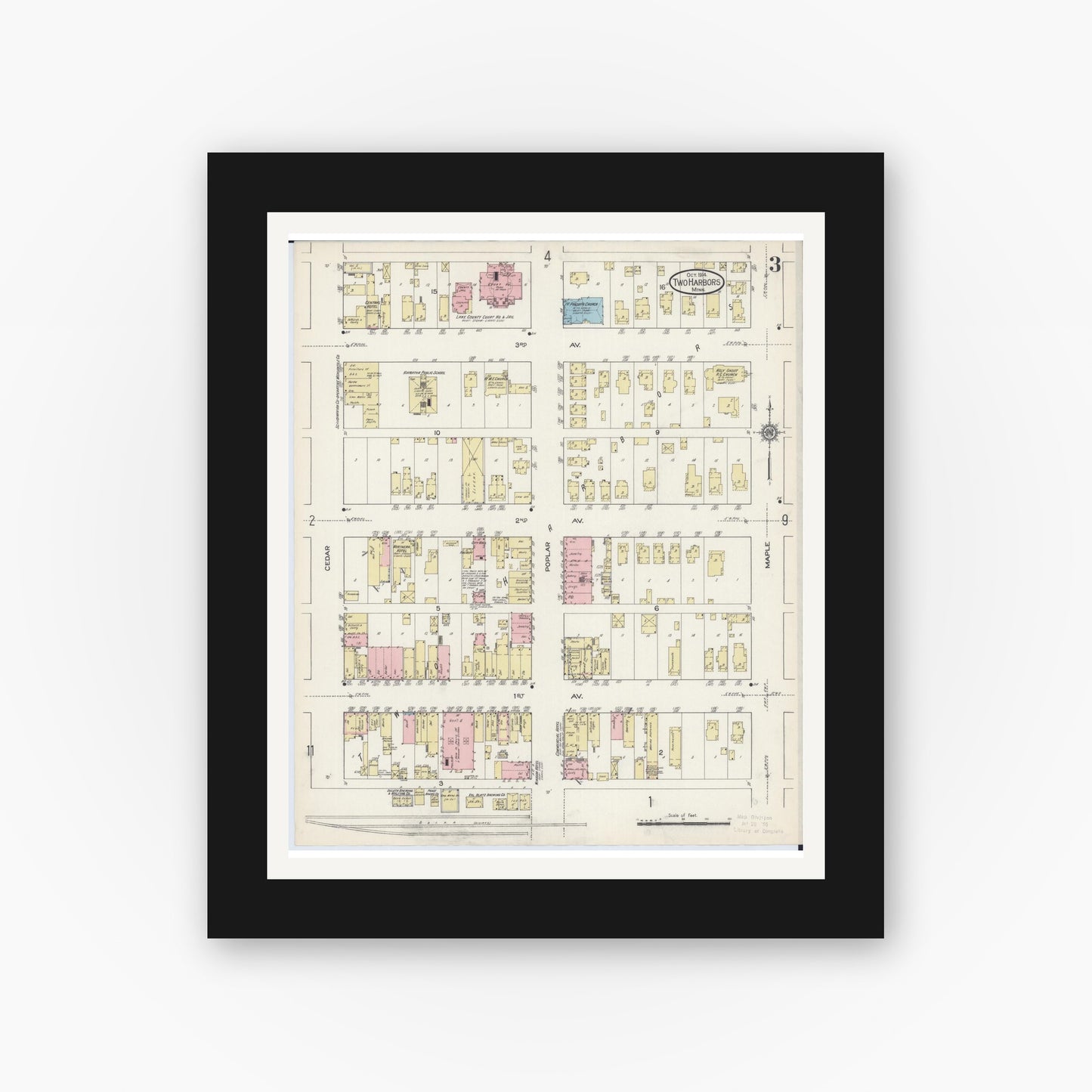 Old map wall art mockup — black gallery frame with white mat — Sanborn Fire Insurance Map from Two Harbors, Lake County, Minnesota (1914), Sheet #0003