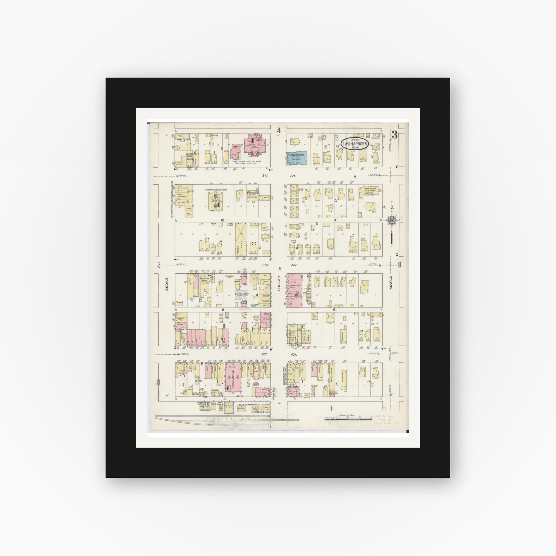 Old map wall art mockup — black gallery frame with white mat — Sanborn Fire Insurance Map from Two Harbors, Lake County, Minnesota (1914), Sheet #0003