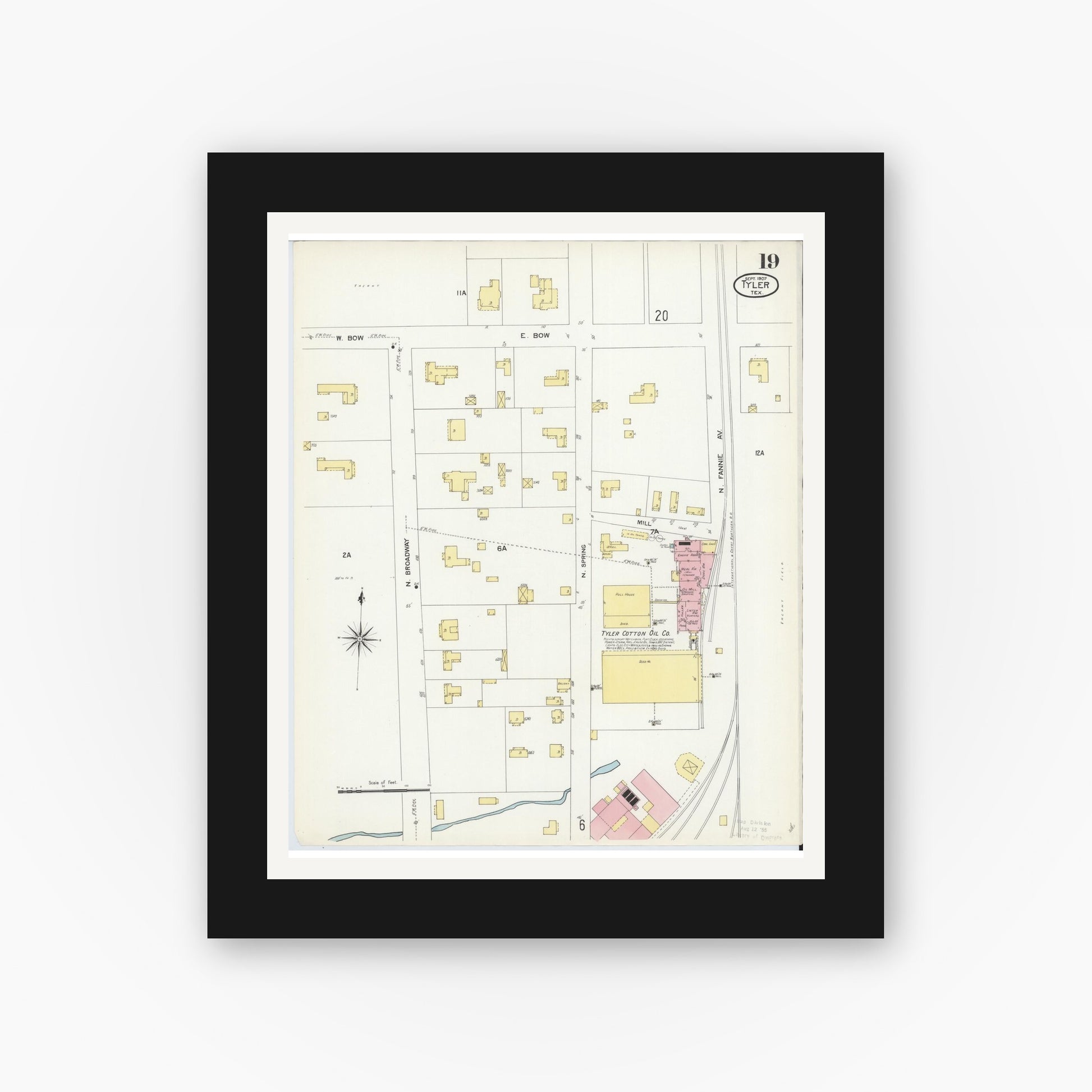 Old map wall art mockup — black gallery frame with white mat — Sanborn Fire Insurance Map from Tyler, Smith County, Texas (1907), Sheet #0019