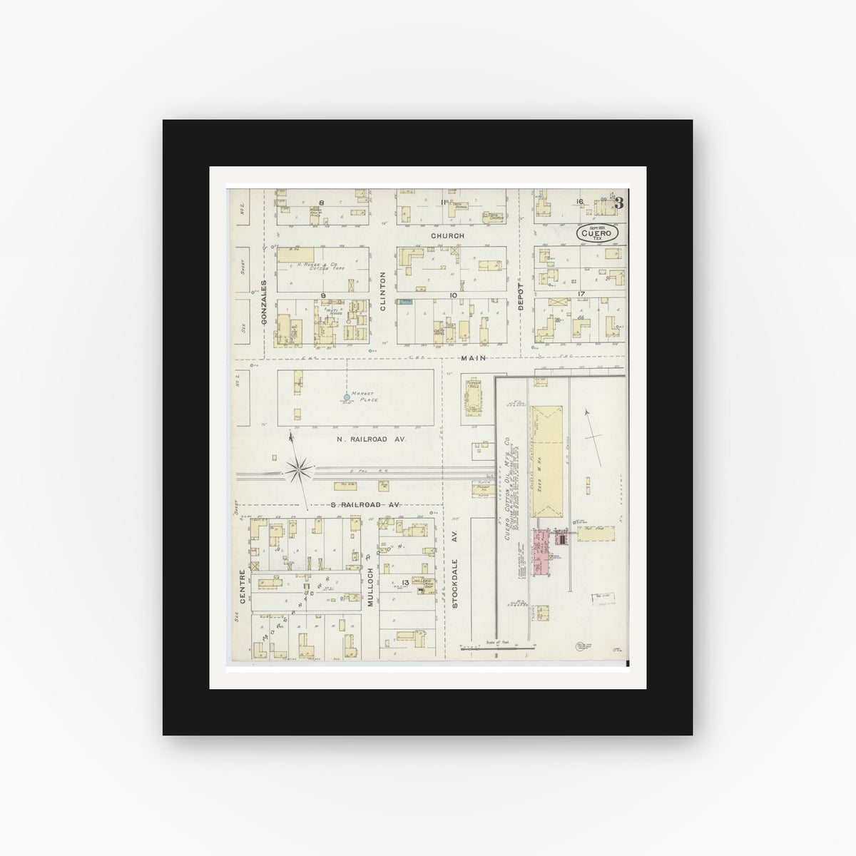 Old map wall art mockup — black gallery frame with white mat — Sanborn Fire Insurance Map from Cuero, De Witt County, Texas (1891), Sheet #0003