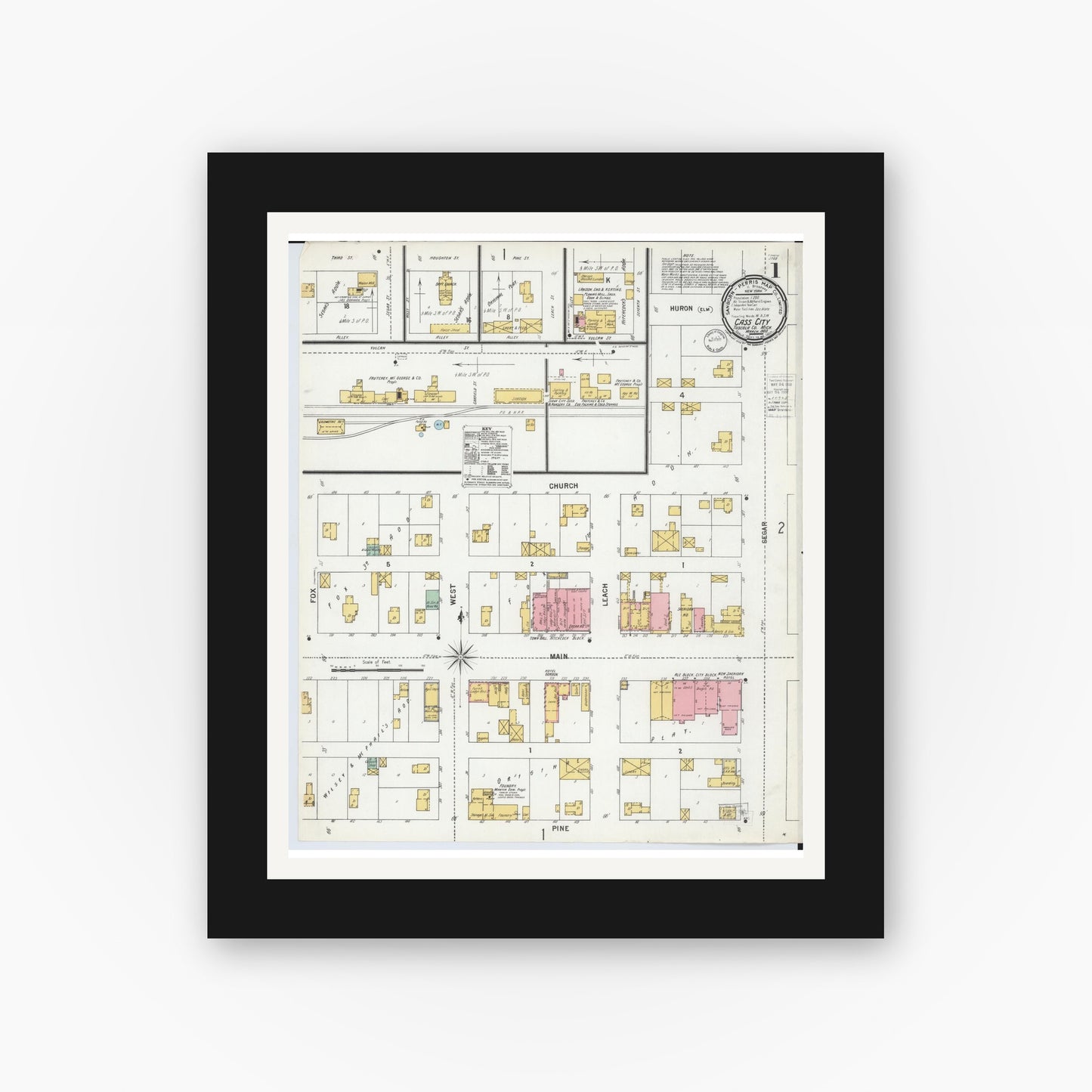 Old map wall art mockup — black gallery frame with white mat — Sanborn Fire Insurance Map from Cass City, Tuscola County, Michigan (1900), Sheet #0001