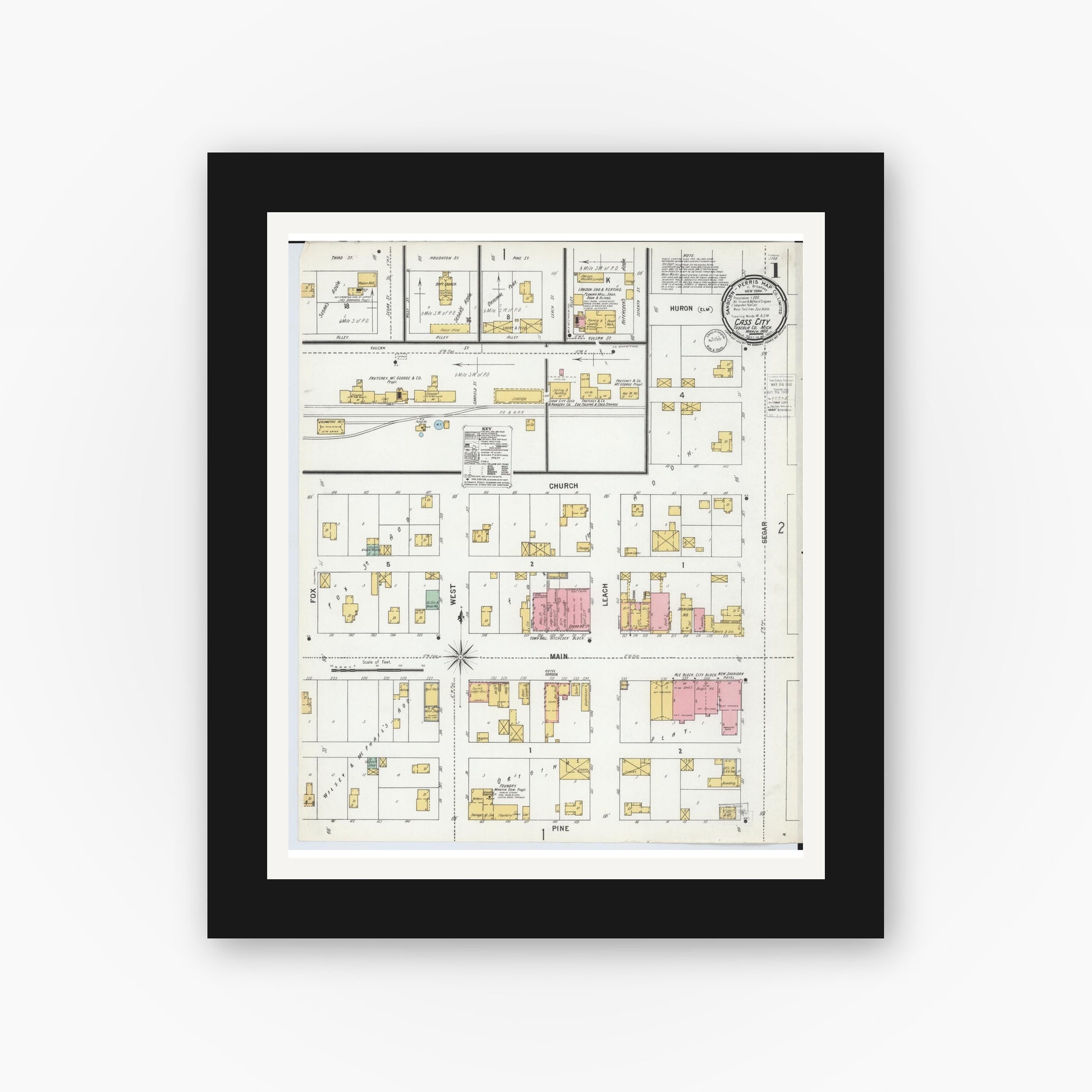 Old map wall art mockup — black gallery frame with white mat — Sanborn Fire Insurance Map from Cass City, Tuscola County, Michigan (1900), Sheet #0001