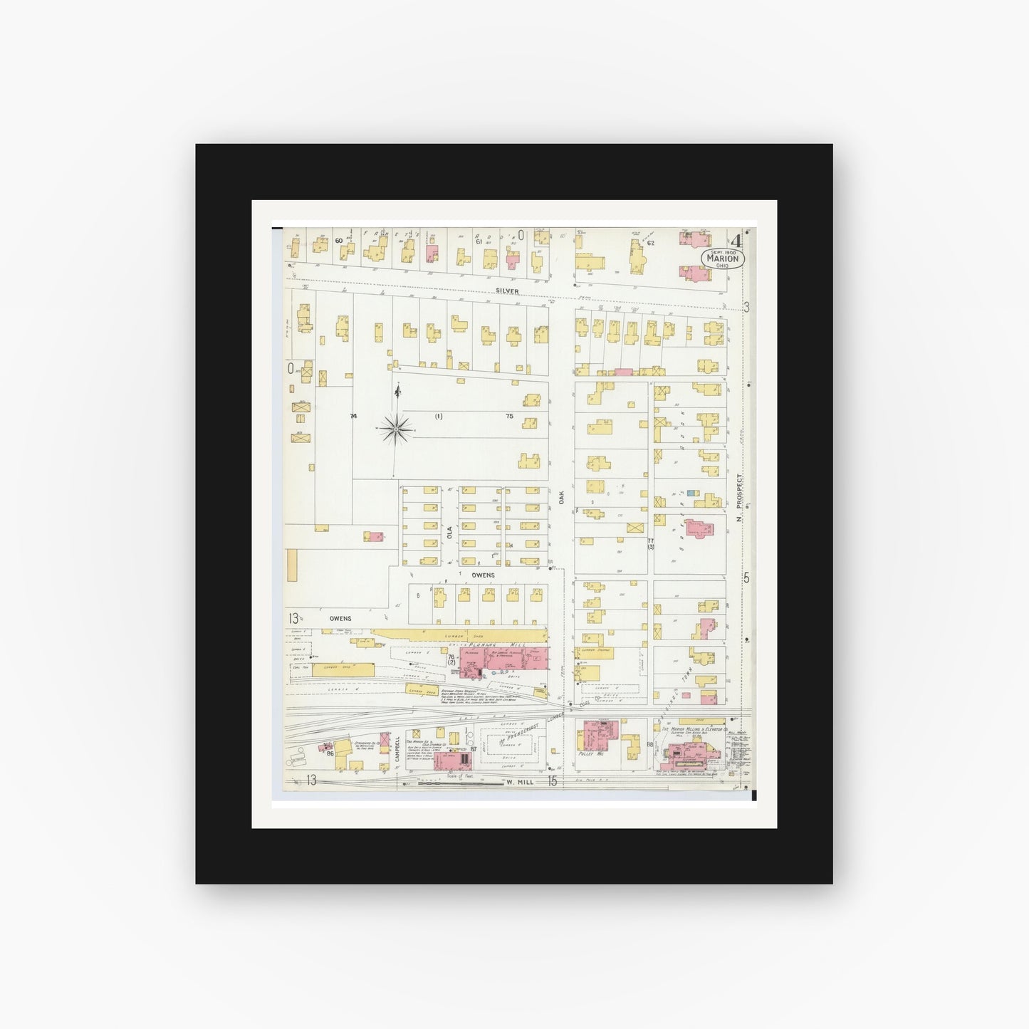 Old map wall art mockup — black gallery frame with white mat — Sanborn Fire Insurance Map from Marion, Marion County, Ohio (1900), Sheet #0004
