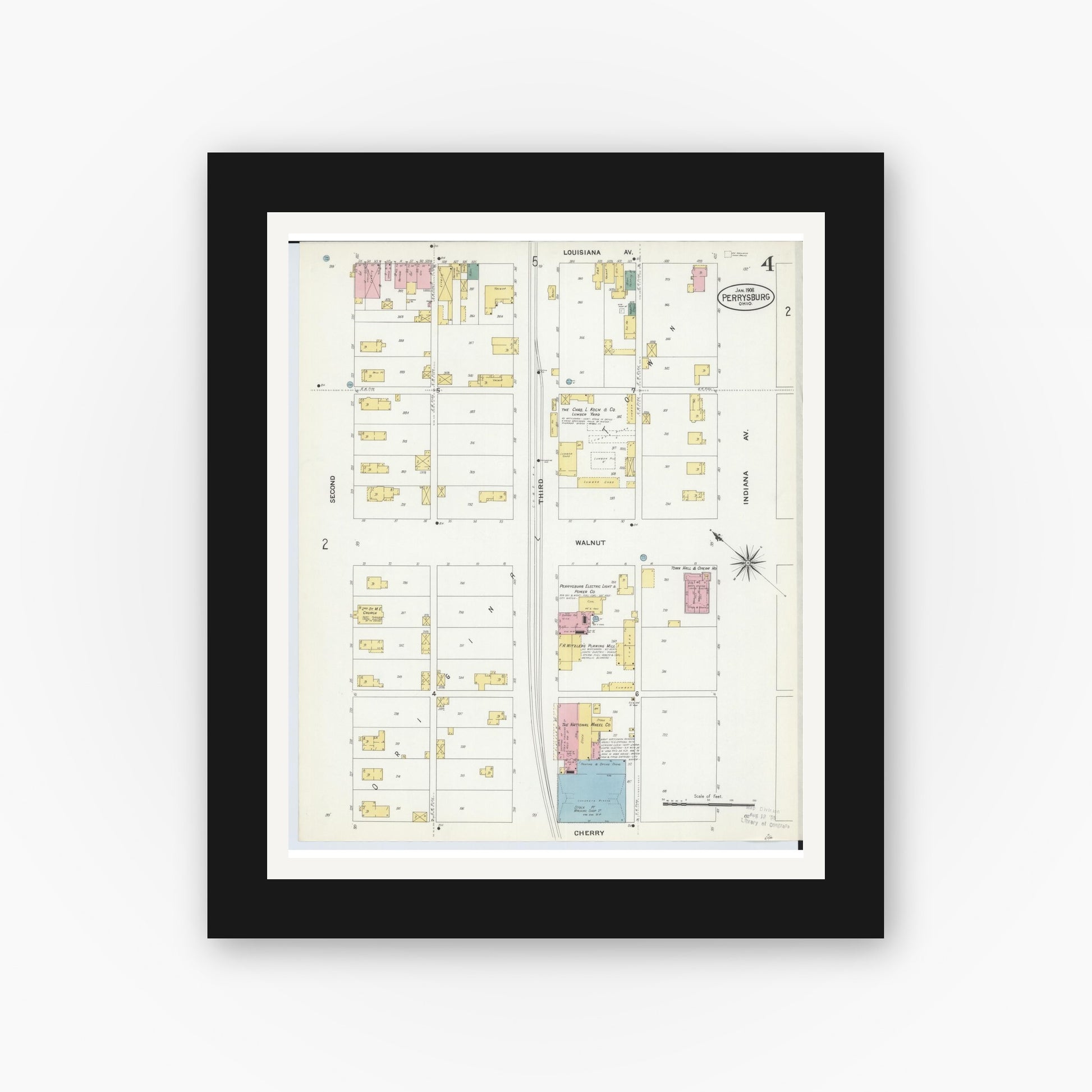 Old map wall art mockup — black gallery frame with white mat — Sanborn Fire Insurance Map from Perrysburg, Wood County, Ohio (1908), Sheet #0004