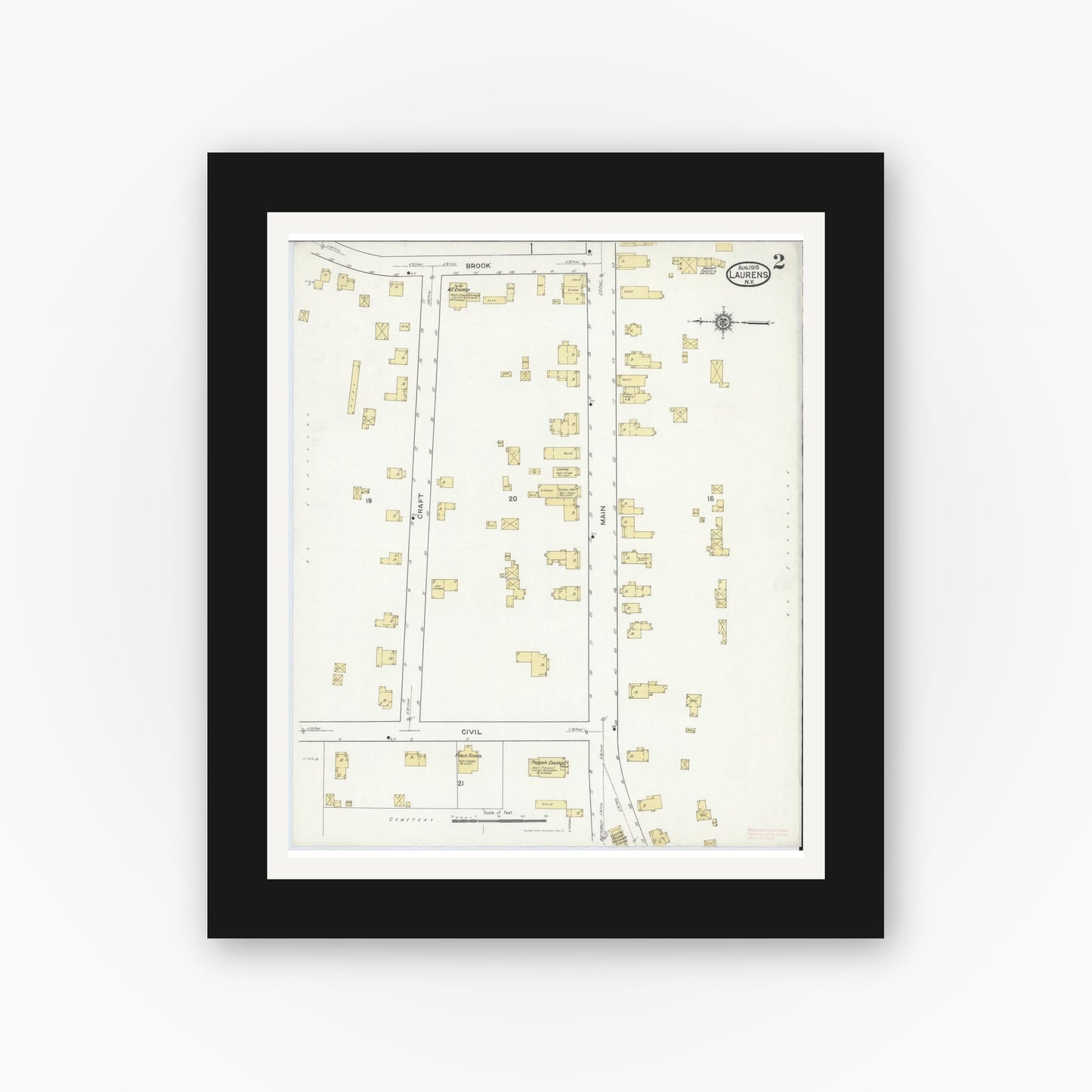 Old map wall art mockup — black gallery frame with white mat — Sanborn Fire Insurance Map from Laurens, Otsego County, New York (1916), Sheet #0002