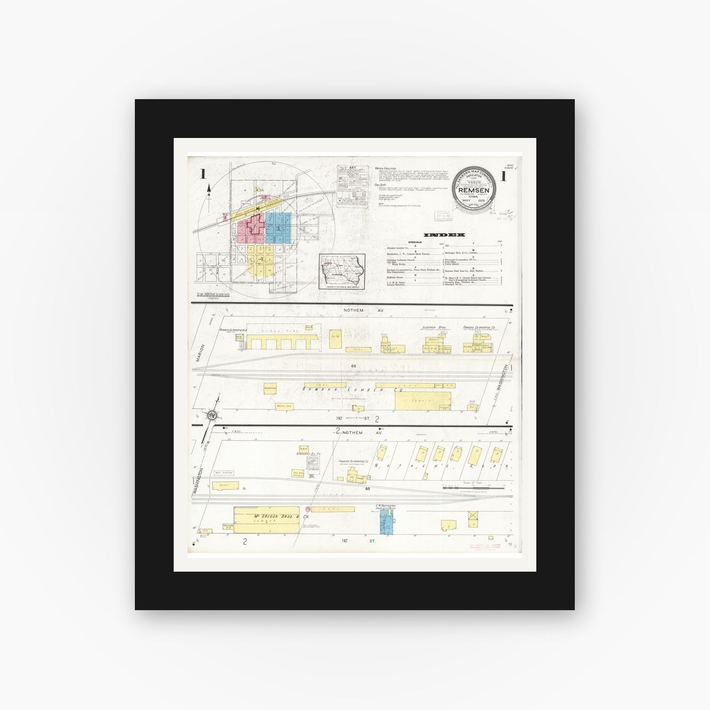 Old map wall art mockup — black gallery frame with white mat — Sanborn Fire Insurance Map from Remsen, Plymouth County, Iowa (1929), Sheet #0001