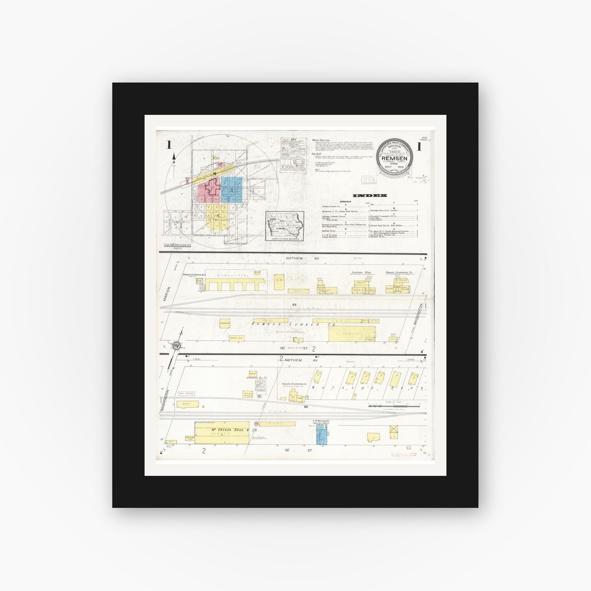 Old map wall art mockup — black gallery frame with white mat — Sanborn Fire Insurance Map from Remsen, Plymouth County, Iowa (1929), Sheet #0001