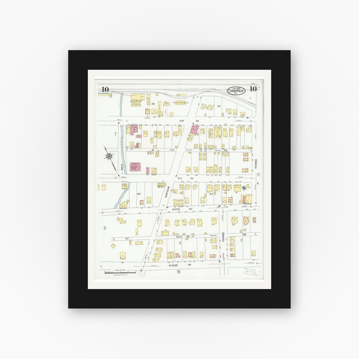 Old map wall art mockup — black gallery frame with white mat — Sanborn Fire Insurance Map from Coraopolis, Allegheny County, Pennsylvania (1924), Sheet #0010