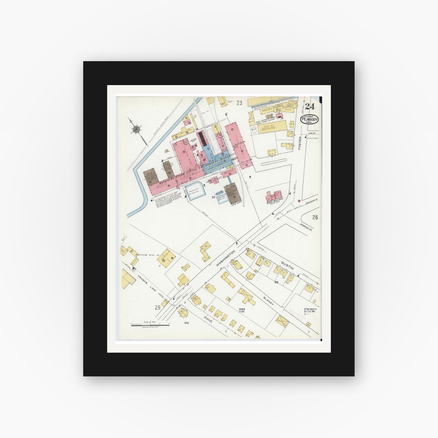 Old map wall art mockup — black gallery frame with white mat — Sanborn Fire Insurance Map from Peabody, Essex County, Massachusetts (1920), Sheet #0024