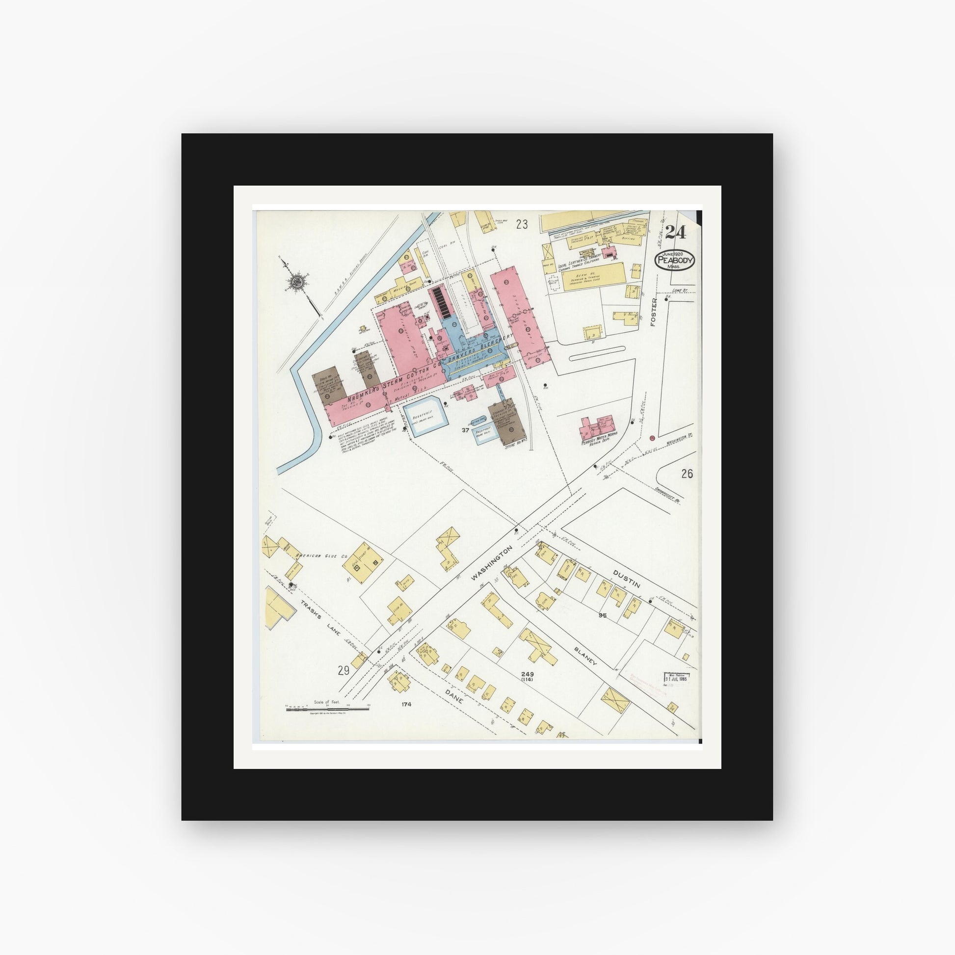 Old map wall art mockup — black gallery frame with white mat — Sanborn Fire Insurance Map from Peabody, Essex County, Massachusetts (1920), Sheet #0024