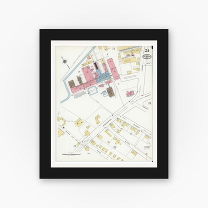 Old map wall art mockup — black gallery frame with white mat — Sanborn Fire Insurance Map from Peabody, Essex County, Massachusetts (1920), Sheet #0024