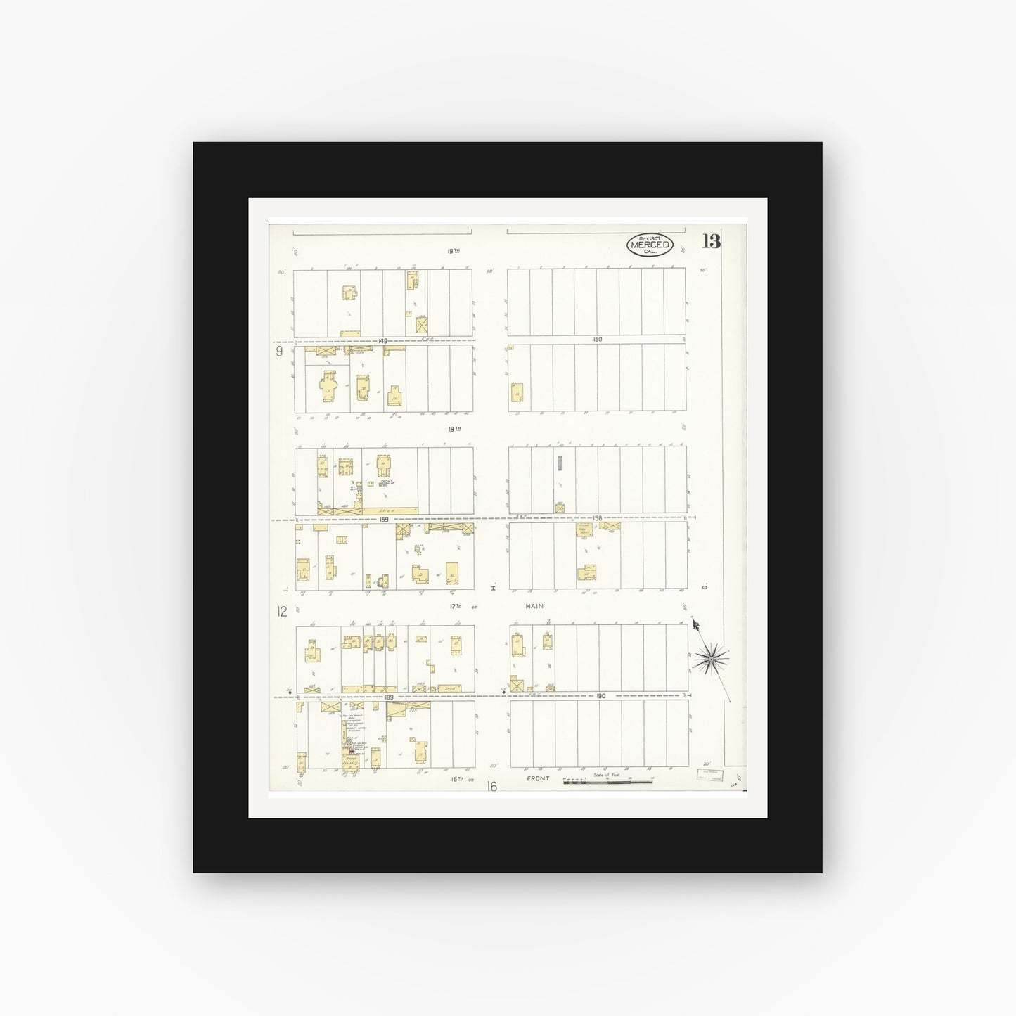 Old map wall art mockup — black gallery frame with white mat — Sanborn Fire Insurance Map from Merced, Merced County, California (1907), Sheet #0013