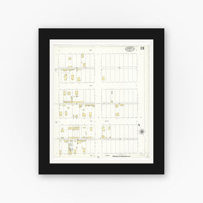Old map wall art mockup — black gallery frame with white mat — Sanborn Fire Insurance Map from Merced, Merced County, California (1907), Sheet #0013