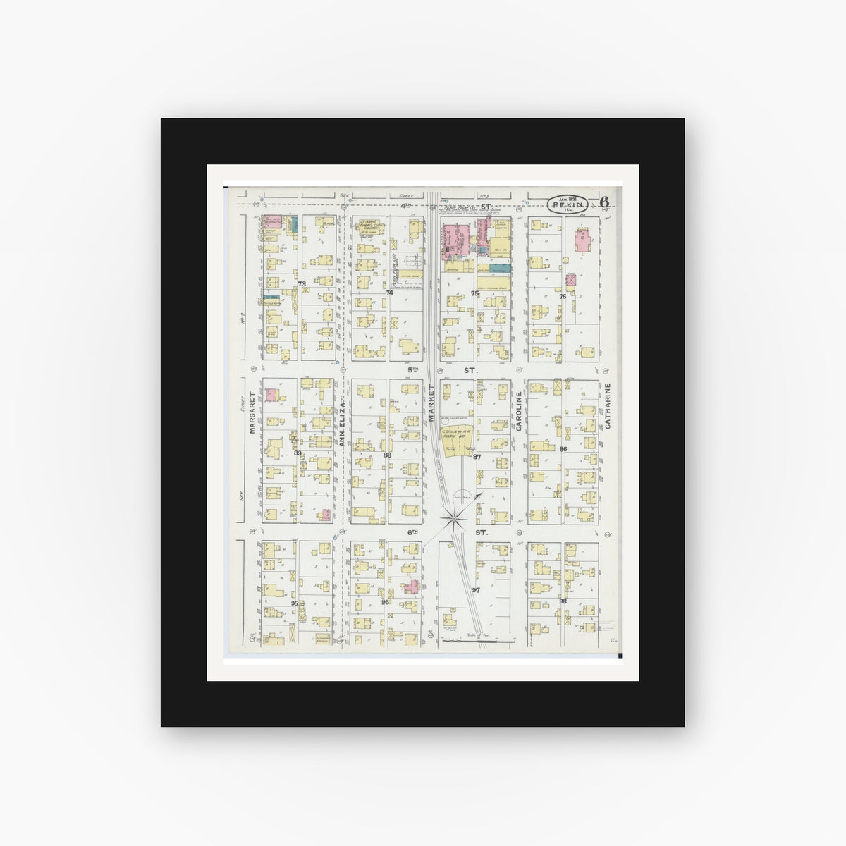 Old map wall art mockup — black gallery frame with white mat — Sanborn Fire Insurance Map from Pekin, Tazewell County, Illinois (1892), Sheet #0006