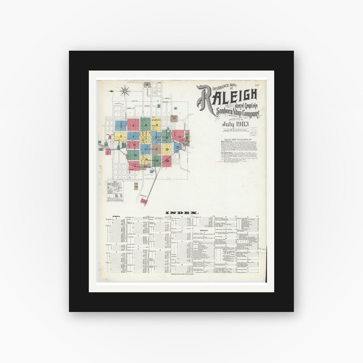 Old map wall art mockup — black gallery frame with white mat — Sanborn Fire Insurance Map from Raleigh, Wake County, North Carolina (1903), Sheet #0001