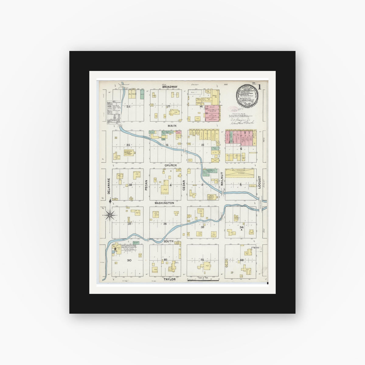 Old map wall art mockup — black gallery frame with white mat — Sanborn Fire Insurance Map from Clarksville, Red River County, Texas (1891) - Complete Map Set