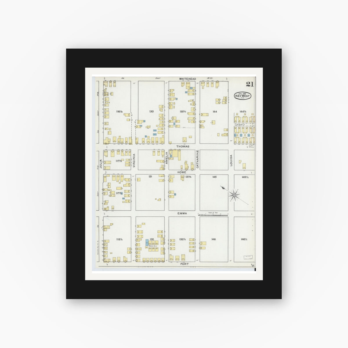 Old map wall art mockup — black gallery frame with white mat — Sanborn Fire Insurance Map from Key West, Monroe County, Florida (1892), Sheet #0021