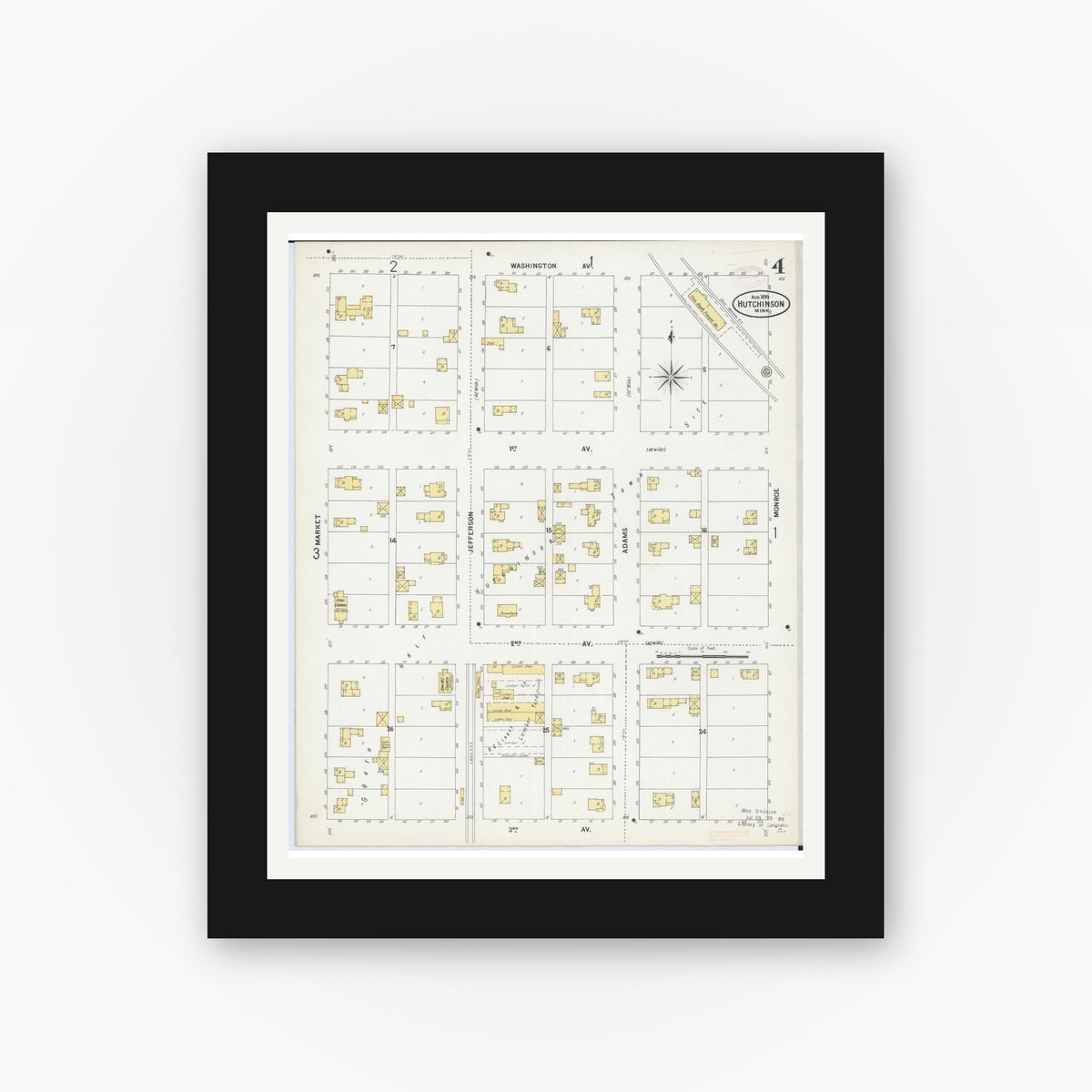 Old map wall art mockup — black gallery frame with white mat — Sanborn Fire Insurance Map from Hutchinson, Mcleod County, Minnesota (1899), Sheet #0004