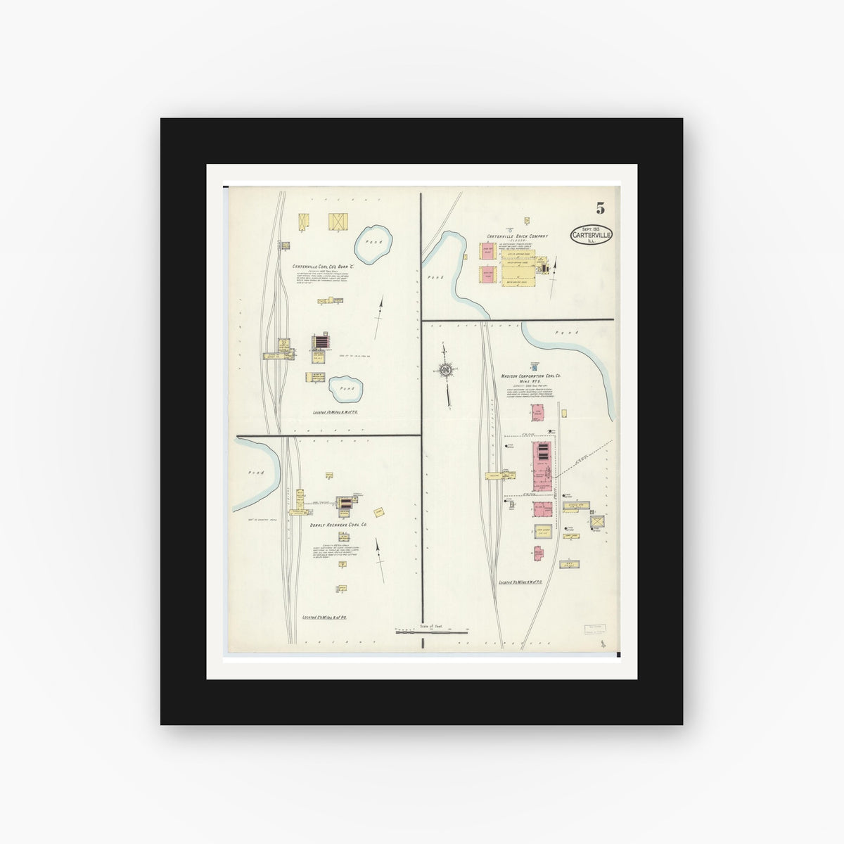 Old map wall art mockup — black gallery frame with white mat — Sanborn Fire Insurance Map from Carterville, Williamson County, Illinois (1913), Sheet #0005
