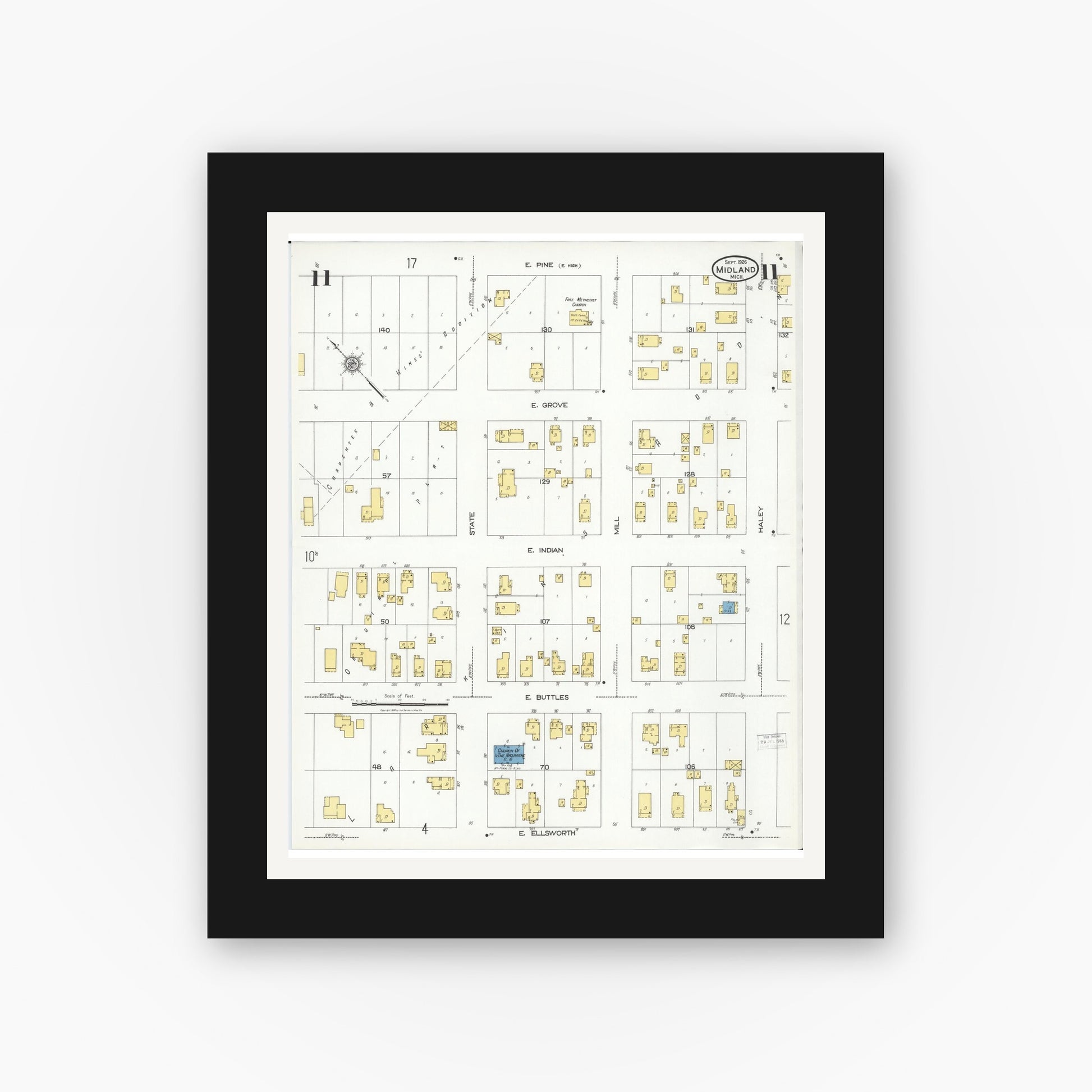 Old map wall art mockup — black gallery frame with white mat — Sanborn Fire Insurance Map from Midland, Midland County, Michigan (1926), Sheet #0011