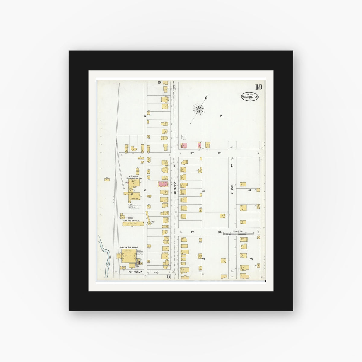 Old map wall art mockup — black gallery frame with white mat — Sanborn Fire Insurance Map from Washington, Washington County, Pennsylvania (1900), Sheet #0018