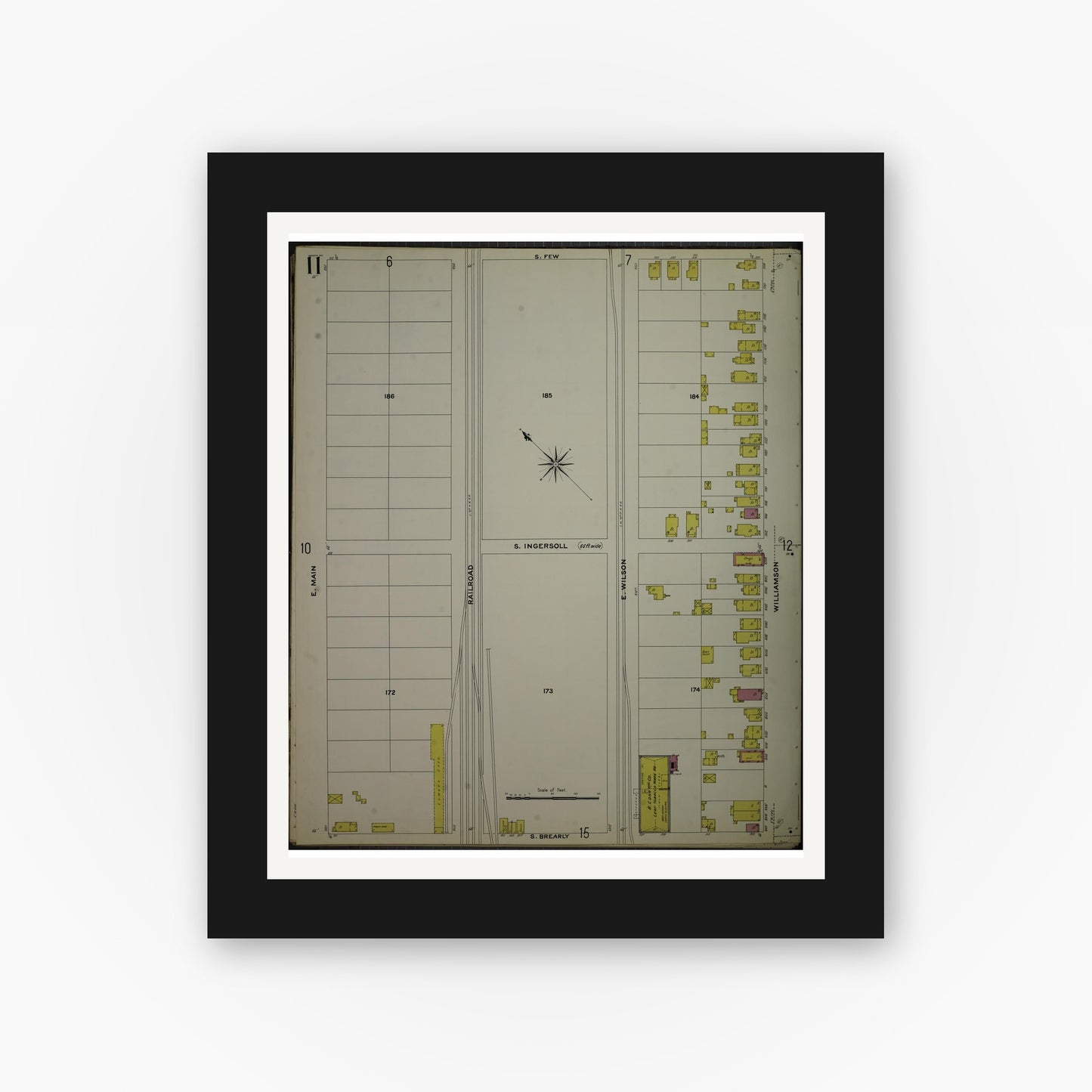 Old map wall art mockup — black gallery frame with white mat — Sanborn Fire Insurance Map from Madison, Dane County, Wisconsin (1908), Sheet #0011