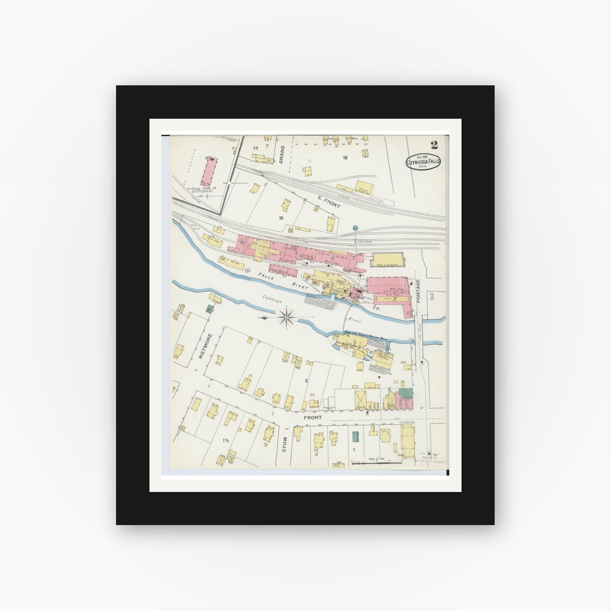 Old map wall art mockup — black gallery frame with white mat — Sanborn Fire Insurance Map from Cuyahoga Falls, Summit County, Ohio (1893), Sheet #0002