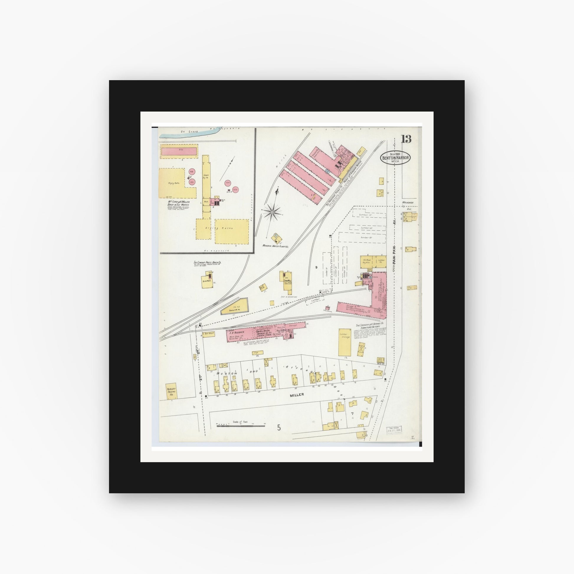 Old map wall art mockup — black gallery frame with white mat — Sanborn Fire Insurance Map from Benton Harbor, Berrien County, Michigan (1905), Sheet #0013