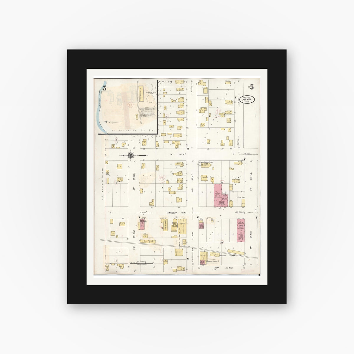 Old map wall art mockup — black gallery frame with white mat — Sanborn Fire Insurance Map from Aitkin, Aitkin County, Minnesota (1936), Sheet #0005