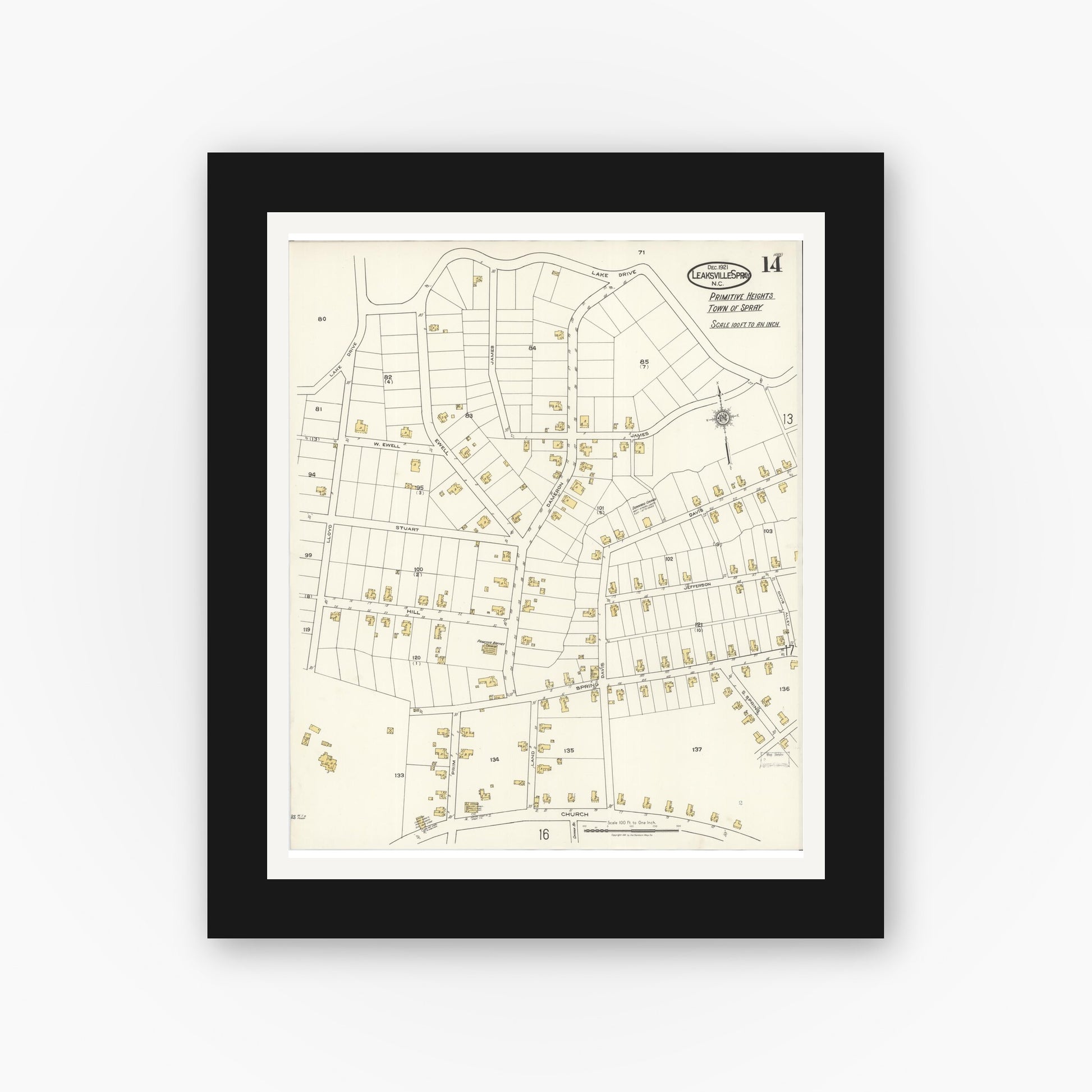 Old map wall art mockup — black gallery frame with white mat — Sanborn Fire Insurance Map from Leaksville-spray, Rockingham County, North Carolina (1921), Sheet #0014