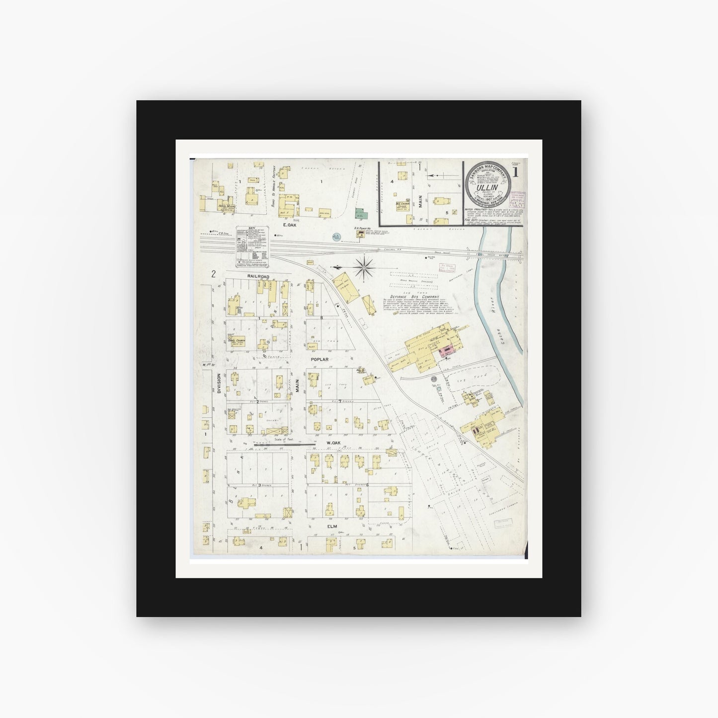 Old map wall art mockup — black gallery frame with white mat — Sanborn Fire Insurance Map from Ullin, Pulaski County, Illinois (1907) - Complete Map Set