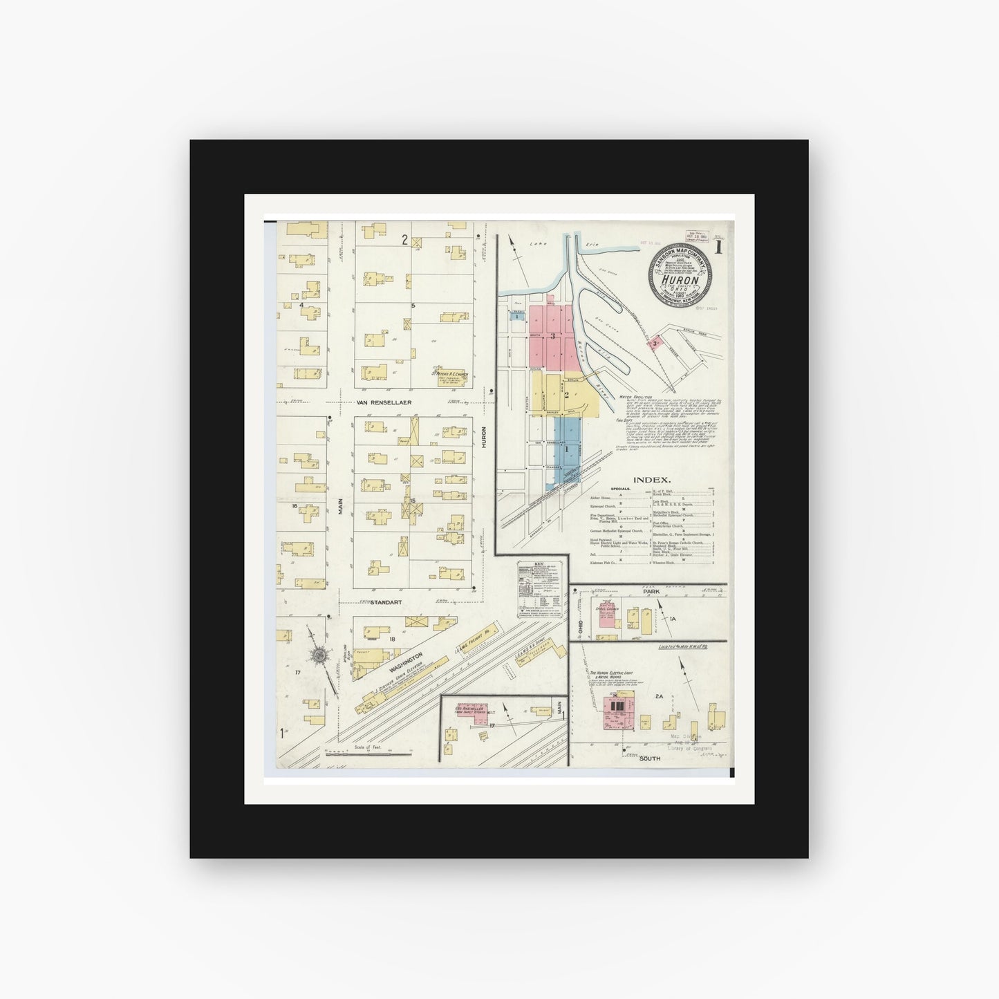 Old map wall art mockup — black gallery frame with white mat — Sanborn Fire Insurance Map from Huron, Erie County, Ohio (1910), Sheet #0001