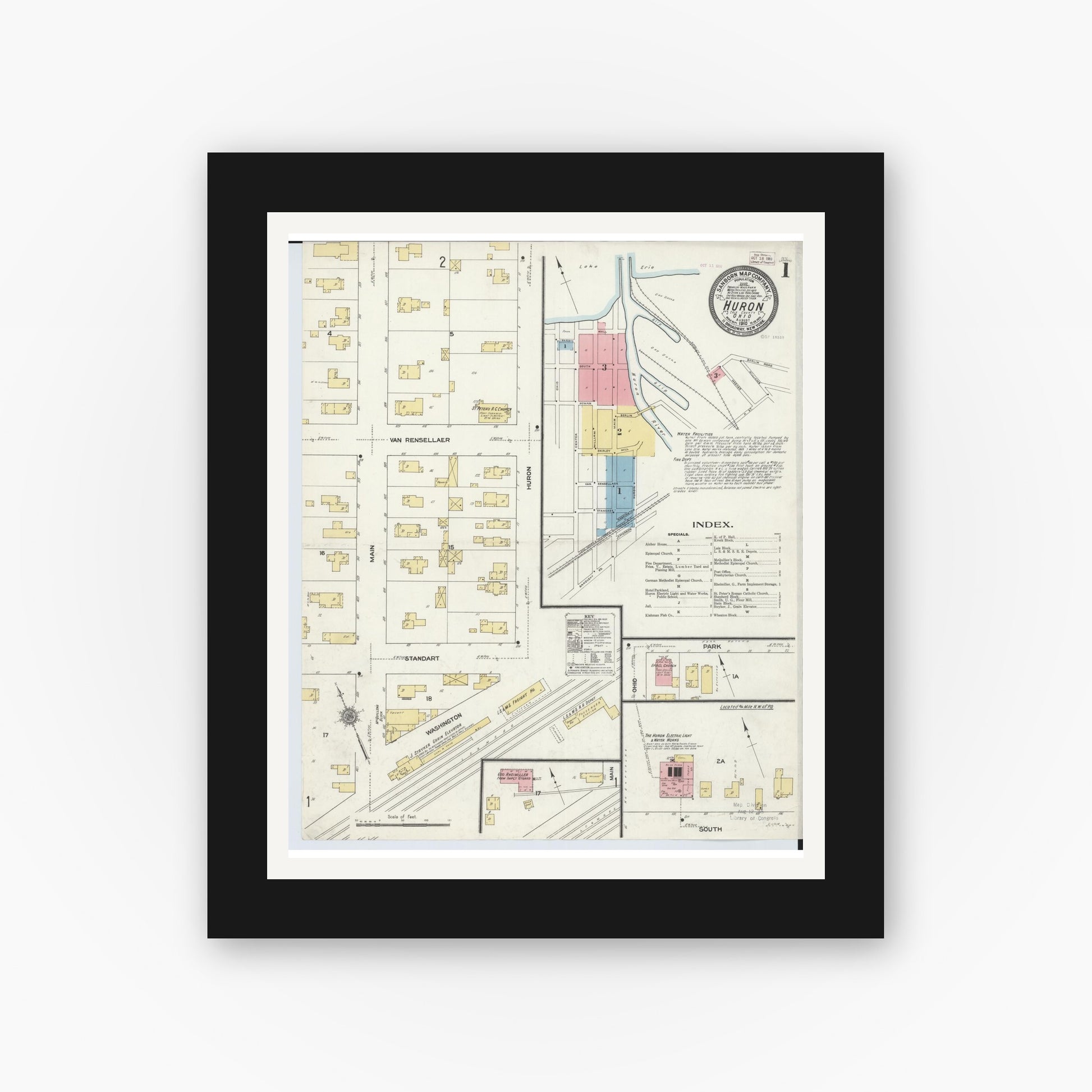 Old map wall art mockup — black gallery frame with white mat — Sanborn Fire Insurance Map from Huron, Erie County, Ohio (1910), Sheet #0001