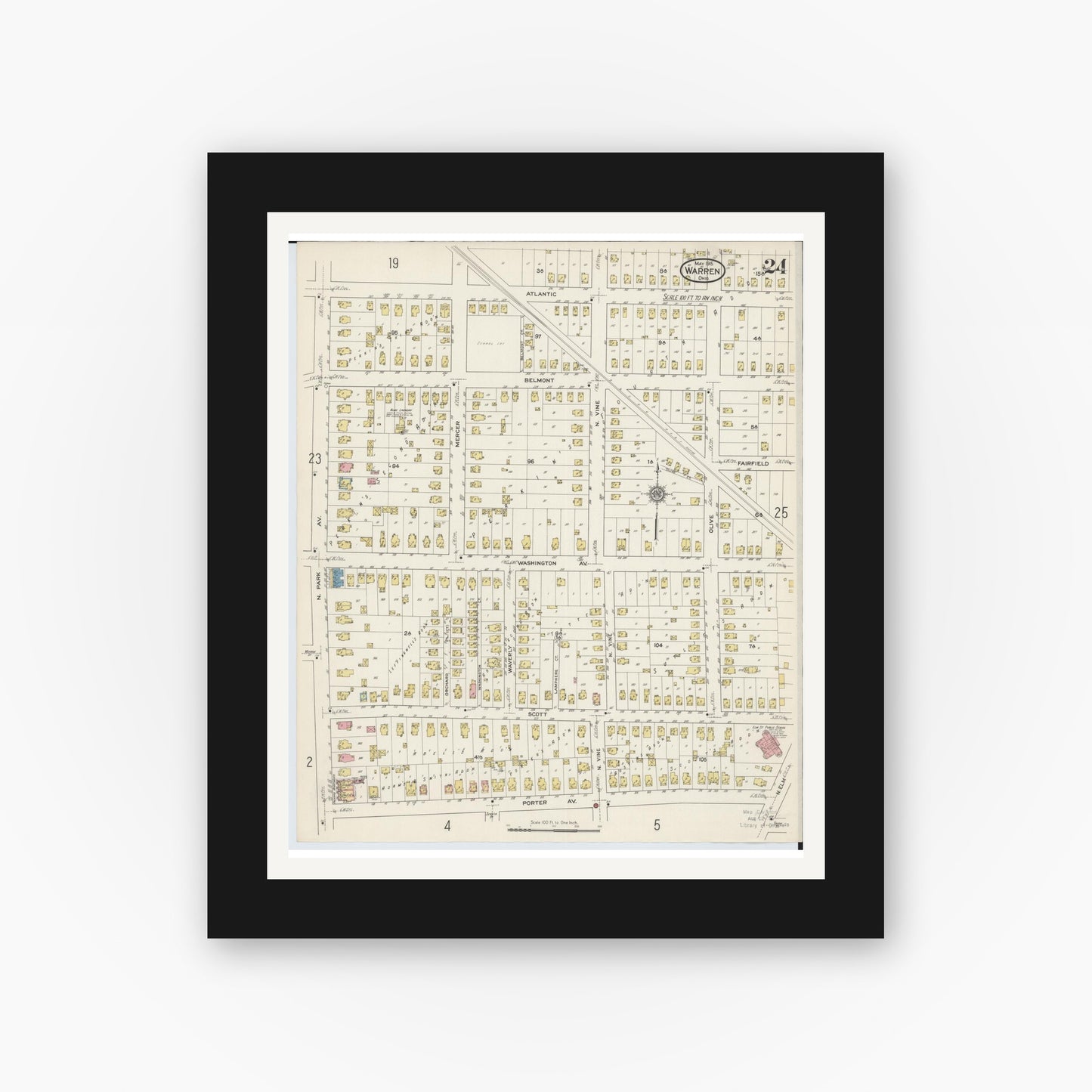 Old map wall art mockup — black gallery frame with white mat — Sanborn Fire Insurance Map from Warren, Trumbull County, Ohio (1915), Sheet #0024